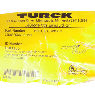 New Turck CSMV CKSMV 19-19-2 MultiFast Cordset, M23 19-Pin M/F, 2 Meters, 150V 9A