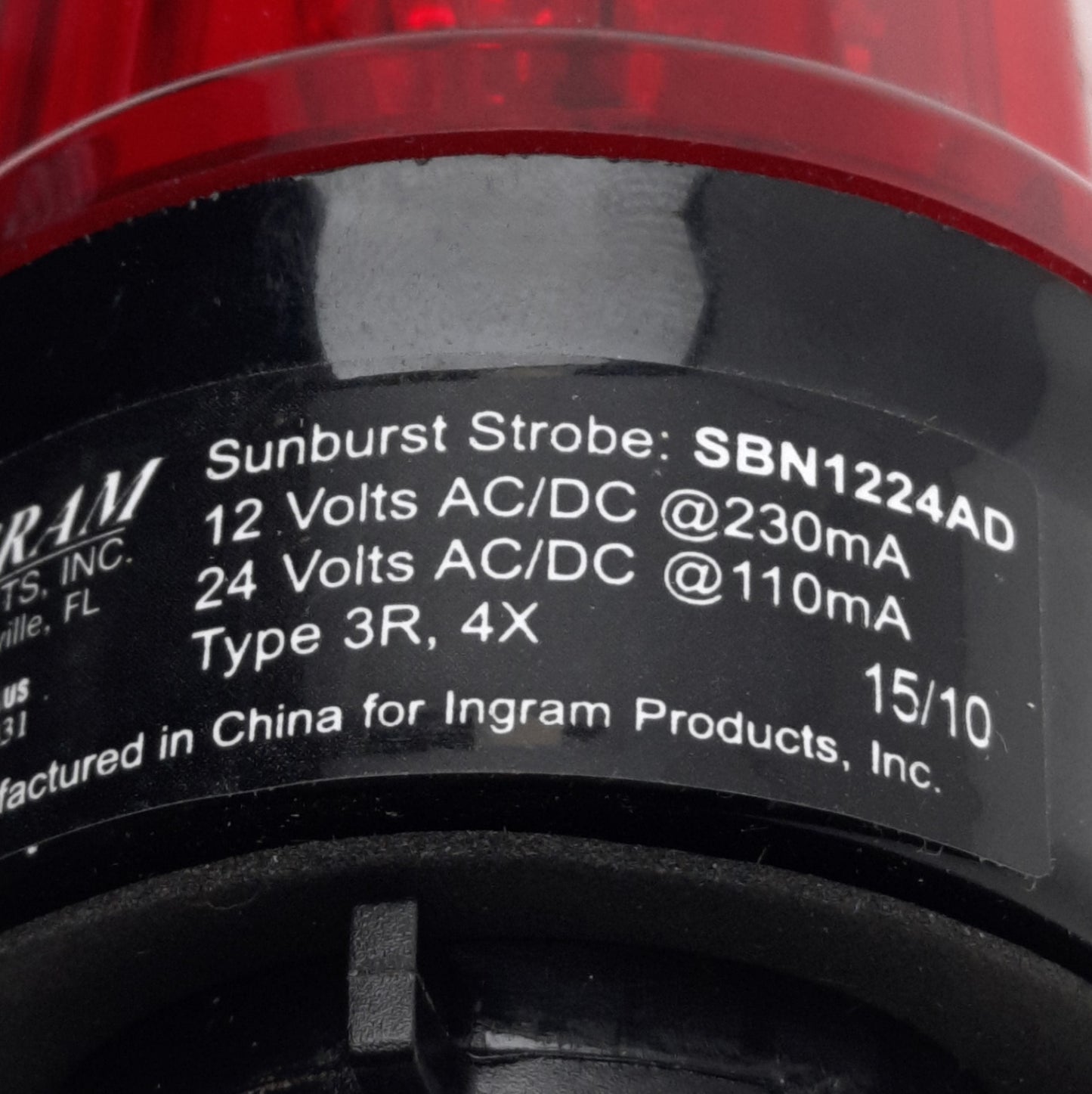 Used Ingram SBN1224AD Sunburst Alarm Indicator Light, Red, 24V, ø2-1/8in, 3/4in NPT