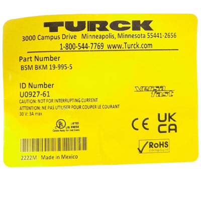 New Turck BSM BKM 19-995-5 VersaFast Cordset, M16 19-Pin Male and Female, 5m, 30V 3A