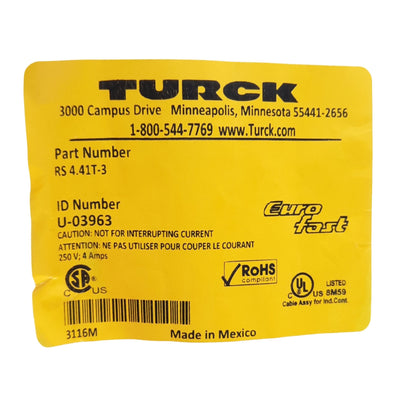 New Turck RS 4.41T-3 EuroFast Cordset, M12 4-Pin Male to Lead, 3 Meters, 250V 4A