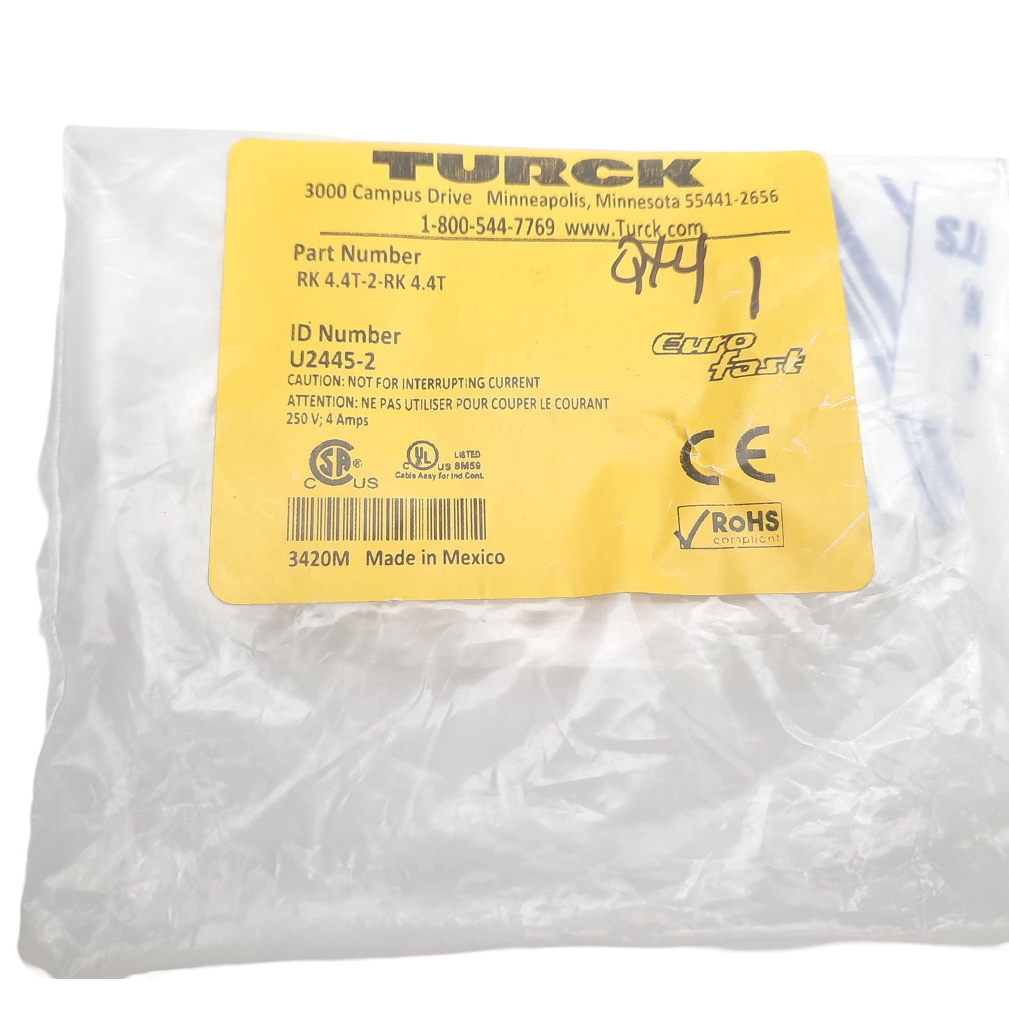 New Turck RK4.4T-2.6-RS 4.4T Extension Cable M12 4-Pin F to M12 4-Pin F, 250V 4A