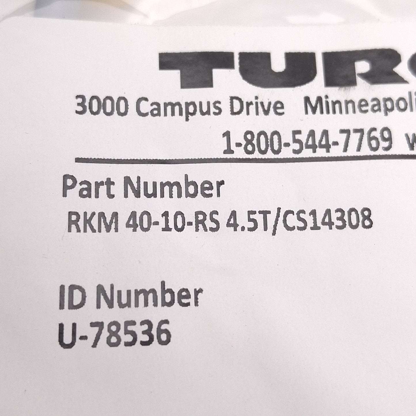 New Turck RKM 40-10-RS 4.5T/CS14308 Cordset, 7/8" 4P Minifast, M12 5P Eurofast, 10m