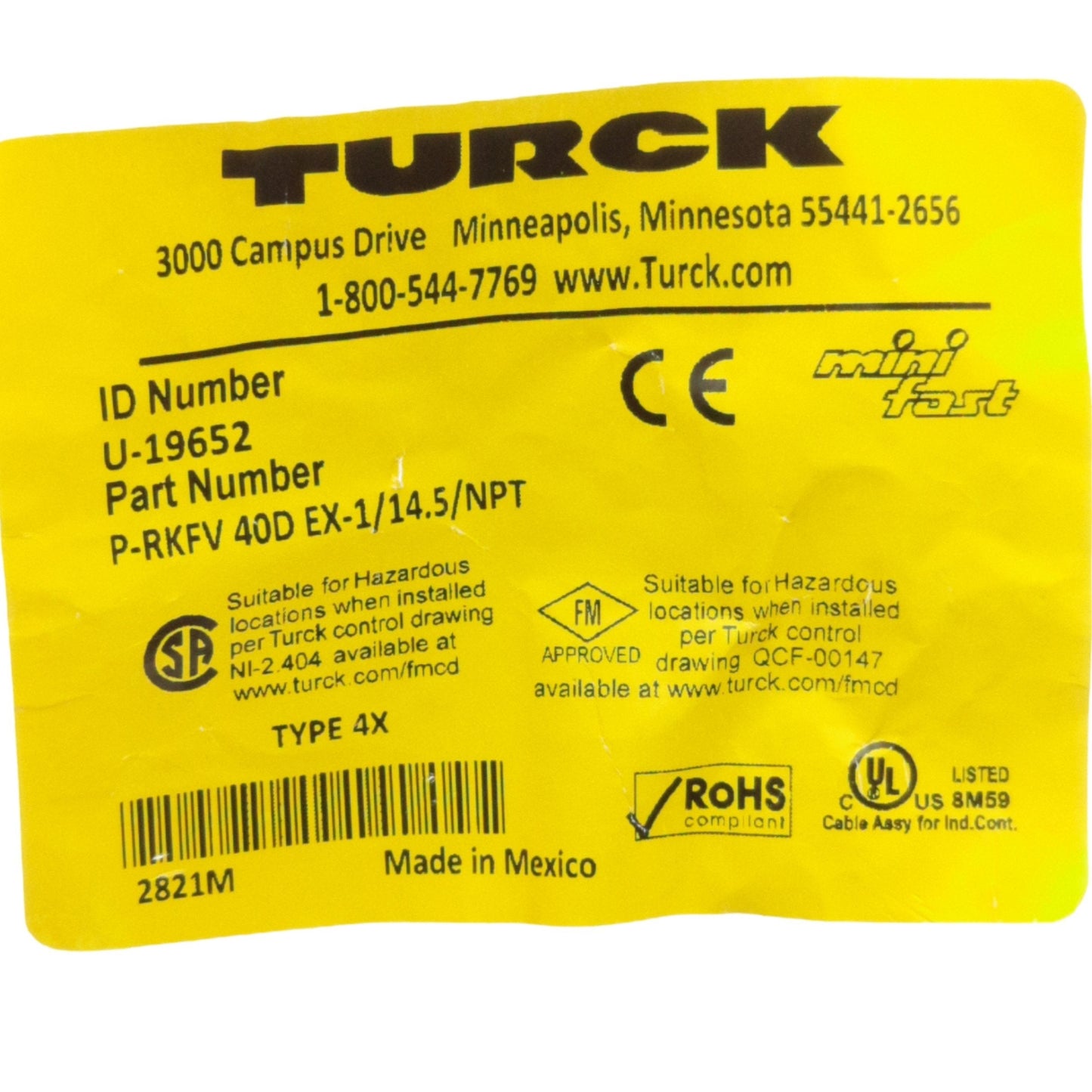 New Turck P-RKFV 40D EX-1/14.5/NPT Cordset 7/8" 4-P MiniFast Female/Leads, 600V 9A