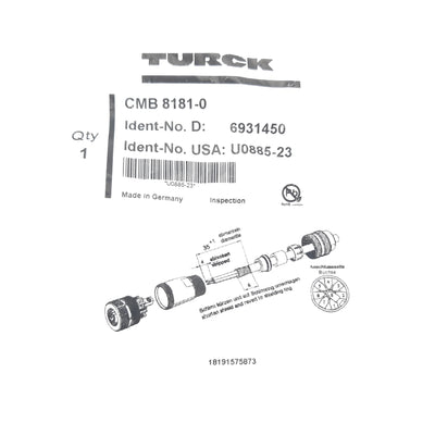 New Turck CMB 8181-0 Field Connector M12 8-Pin Female to Screw Terminal, 60V, 2A