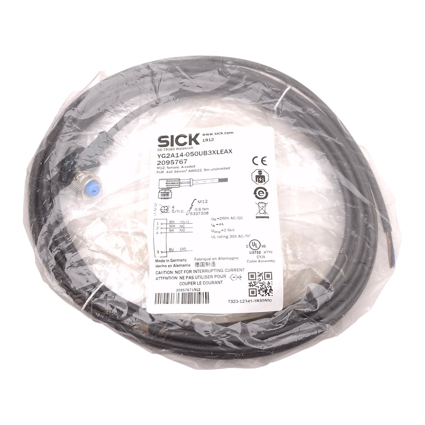 New SICK YG2A14-050UB3XLEAX Sensor/Actuator Cable, 250V 4A, M12 4-Wire Female, 5m