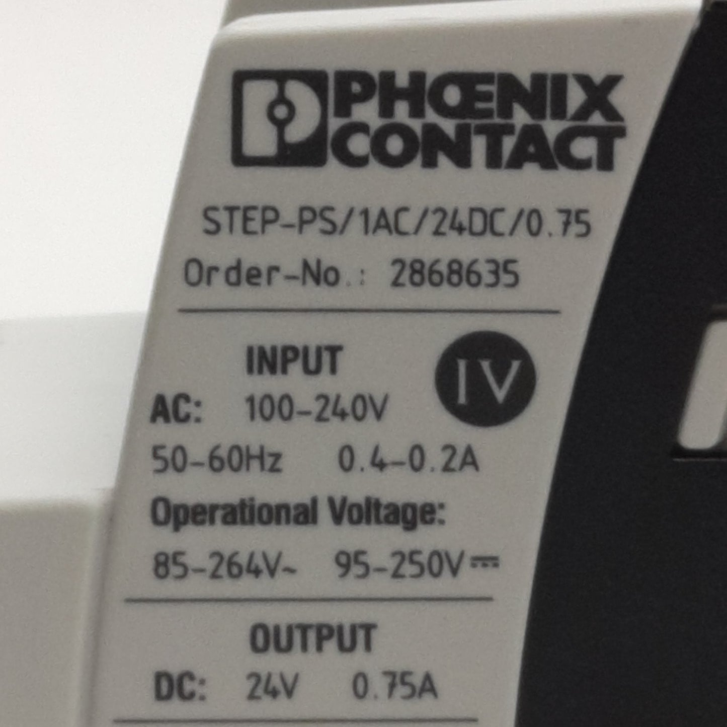 Used Phoenix STEP-PS/1AC/24DC/0.75 Power Supply, 100-240VAC IN, 24VDC 0.75A OUT