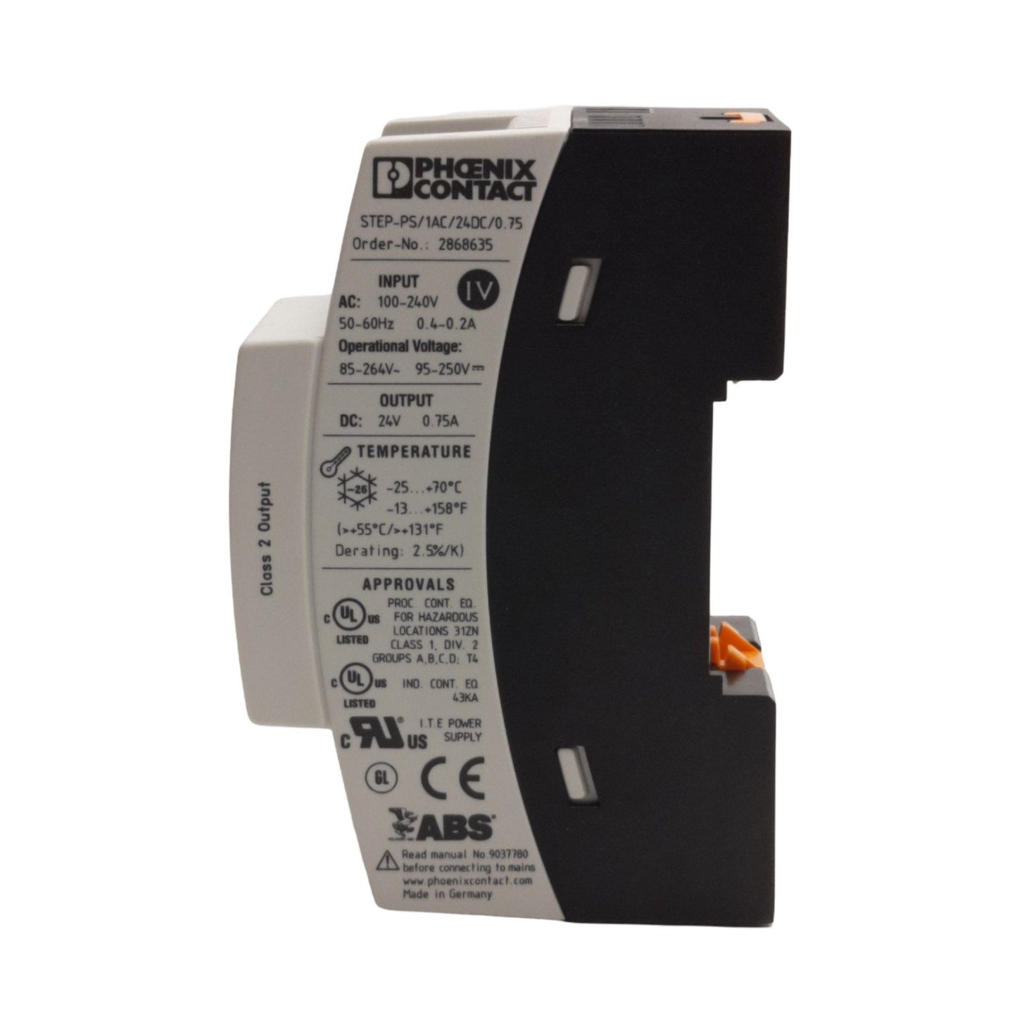 Used Phoenix STEP-PS/1AC/24DC/0.75 Power Supply, 100-240VAC IN, 24VDC 0.75A OUT