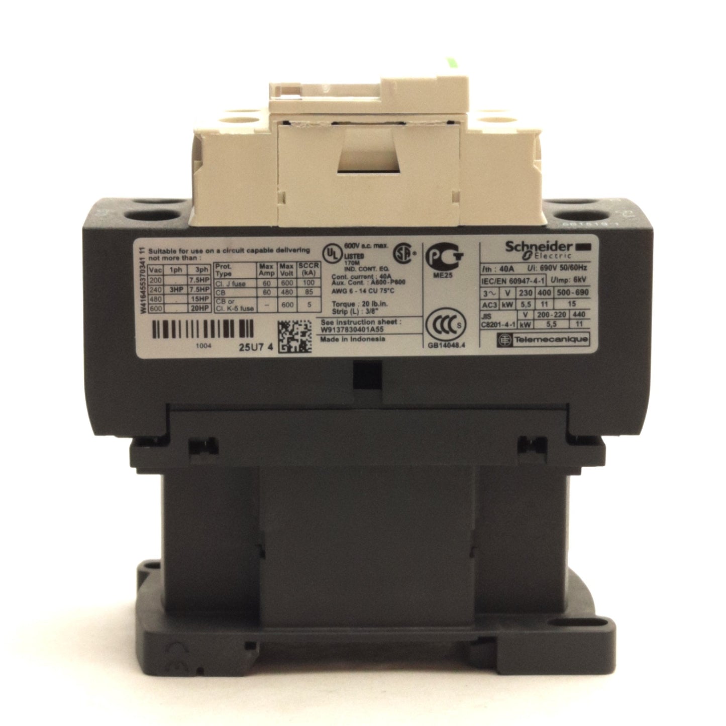 Used Schneider Electric LC1D25 Motor Contactor, 3PST-NO, 600VAC 40A, 230/240VAC Coil