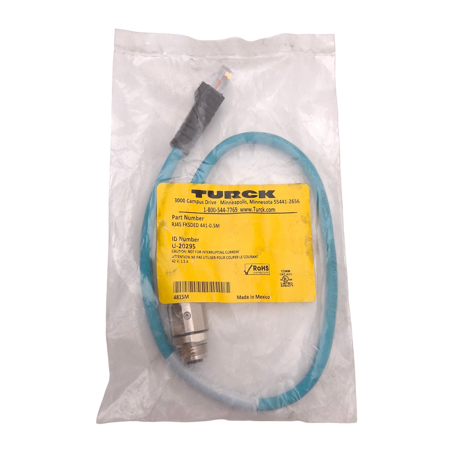 New Turck RJ45 FKSDED 441-0.5M Ethernet Cordset 4-Pin RJ45 to M12 Female D-Code 0.5m