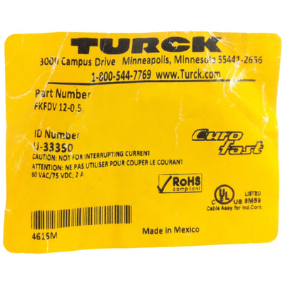 New Turck FKFDV 12-0.5 EuroFast Cordset M12 12-P Female/Leads, 0.5m, 60VAC/75VDC 2A