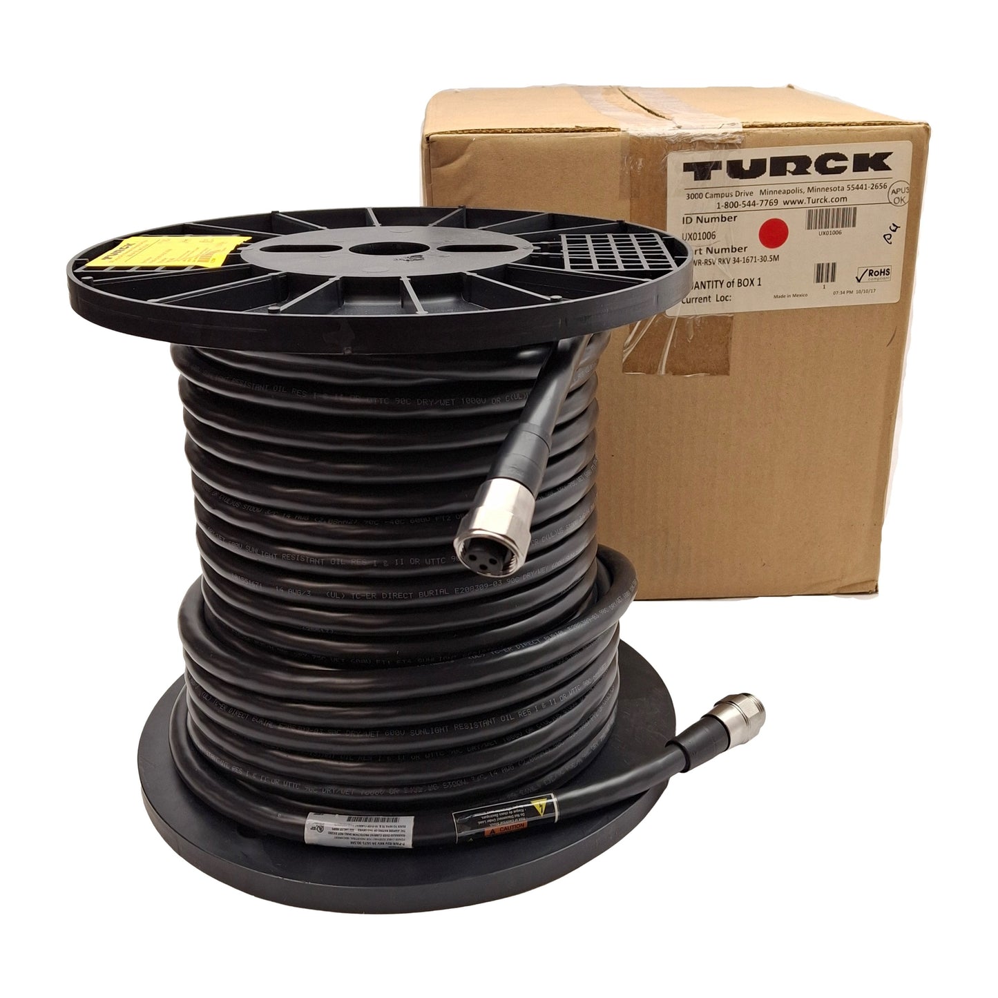 New Turck P-PWR-RSV RKV 34-1671-30.5M Cordset, 600V 21A, 7/8" 3-Pin Powerfast, 30.5m