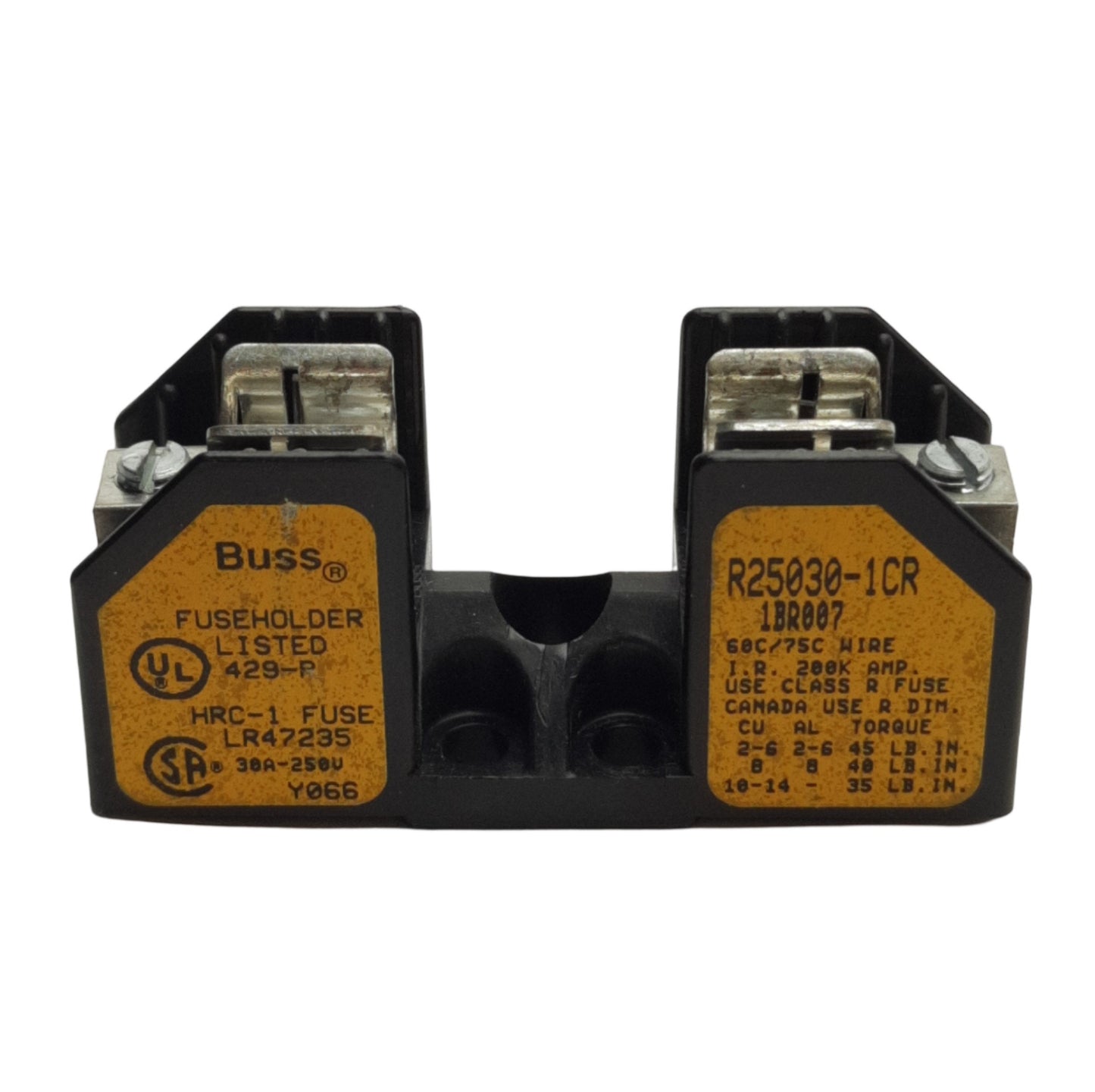 Used Lot of 2 Eaton/Buss R25030-1CR Fuse Blocks, 1-Pole, 250V 30A, For Class R Fuses