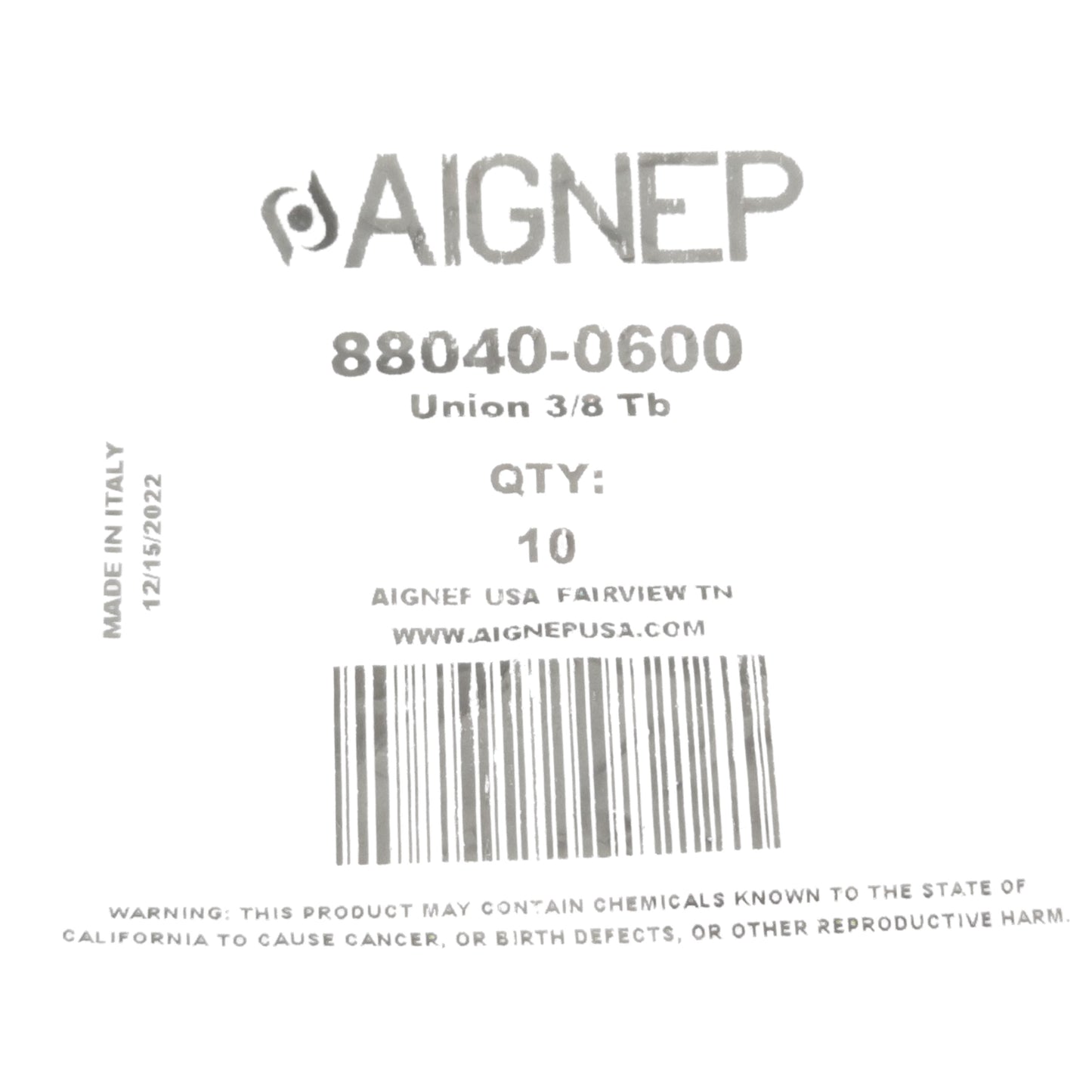 New Lot of 10 Aignep 88040-0600 Straight Union ø3/8" to ø3/8", P2C, VAC to 290 PSI
