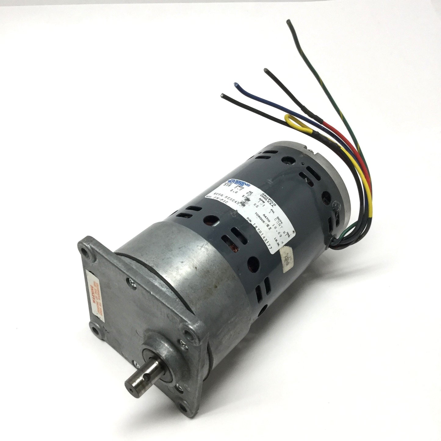 Robbins & Myers FM-PSC Gear Motor 115VAC, 85/101RPM, 62in-lb, 16.69:1 Ratio