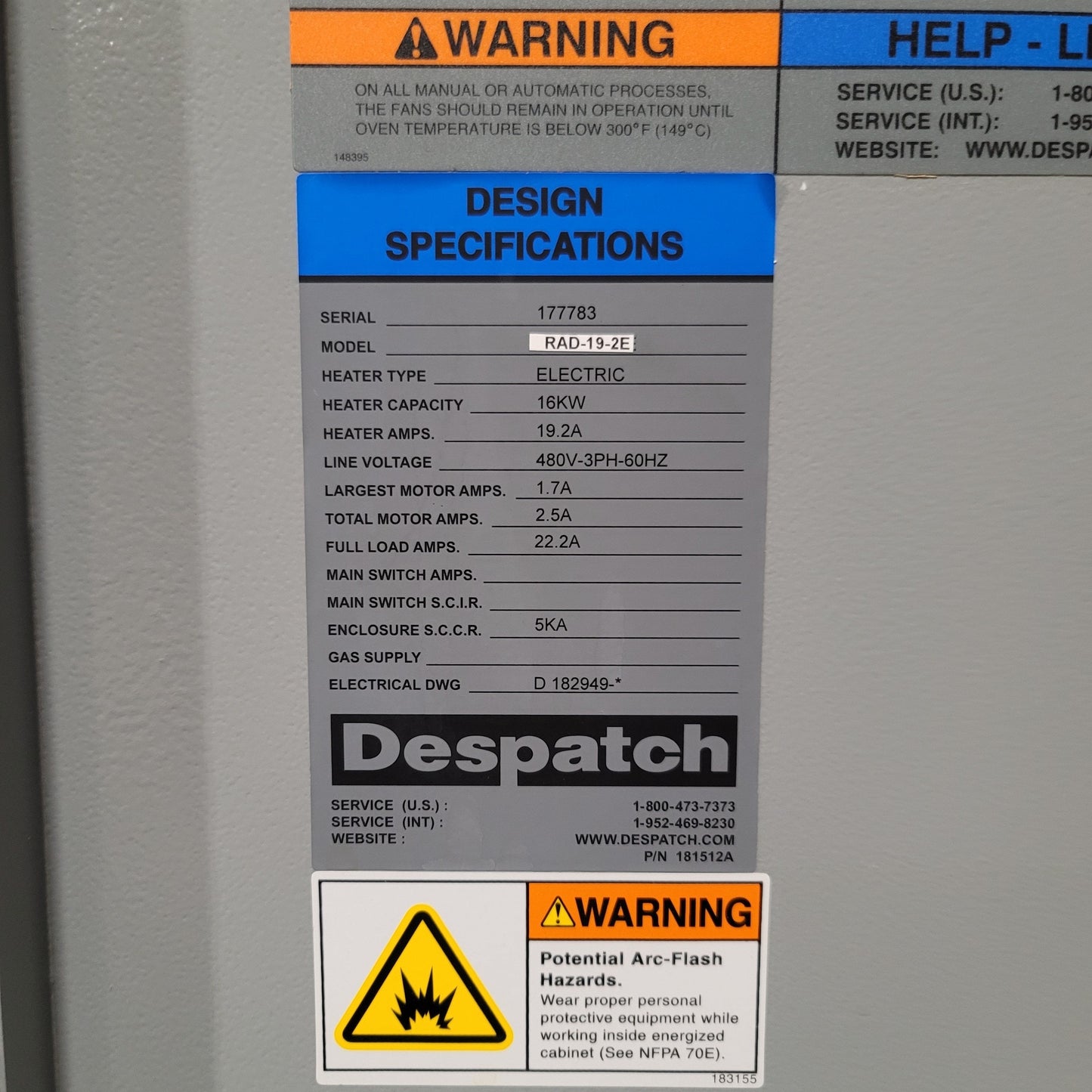 Used Despatch RFD2-19-2E Horizontal Airflow Cabinet Oven 19.5CUFT 86-650°F 480VAC 3PH