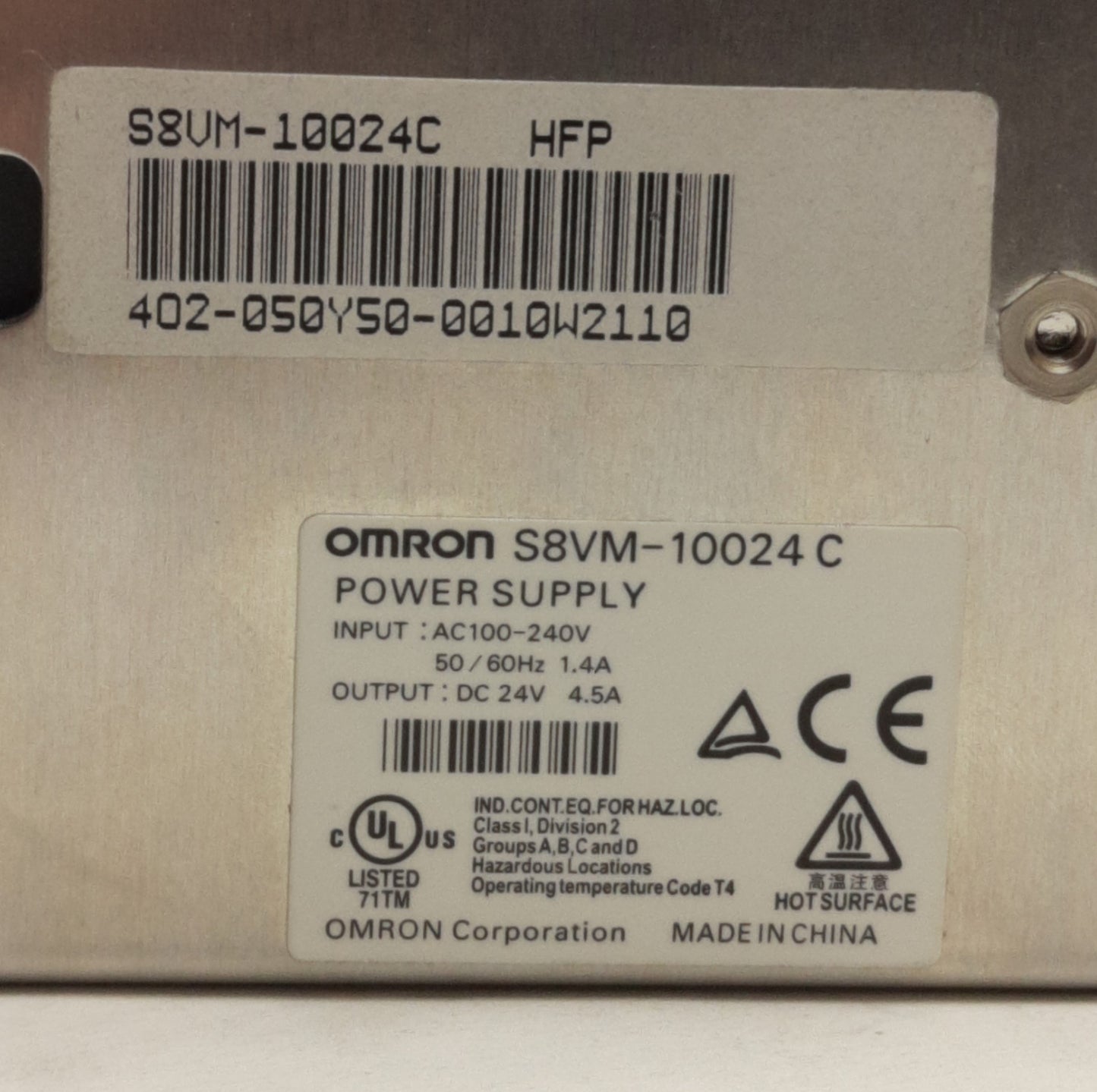 Used Omron S8VM-10024C Switching Power Supply, 100-240VAC Input, 24VDC 4.5A Output