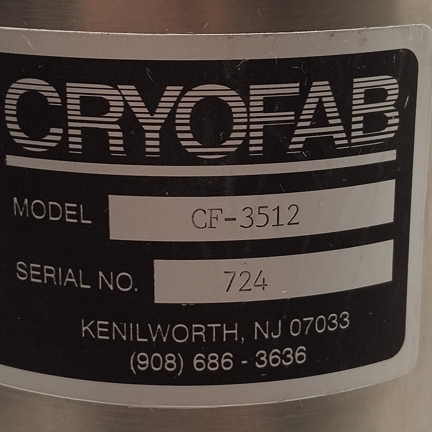 Used Cryofab CF-3512 CF-Series Dewer Flask, ø3.5 x 12in Inner Dimensions, 0.5 Gallons