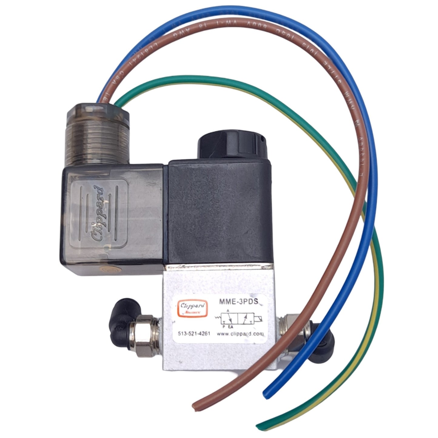 Used Clippard MME-3PDS-D024 Solenoid Valve, Direct Acting 3-Way, 1/8 NPT, 24V, 8 bar