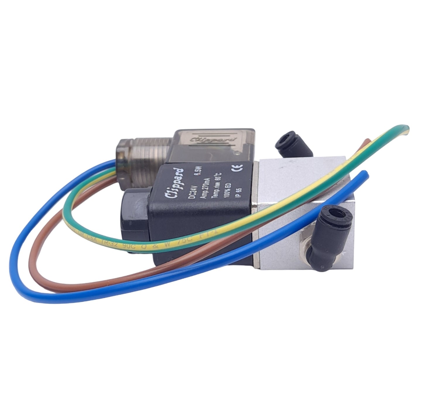 Used Clippard MME-3PDS-D024 Solenoid Valve, Direct Acting 3-Way, 1/8 NPT, 24V, 8 bar