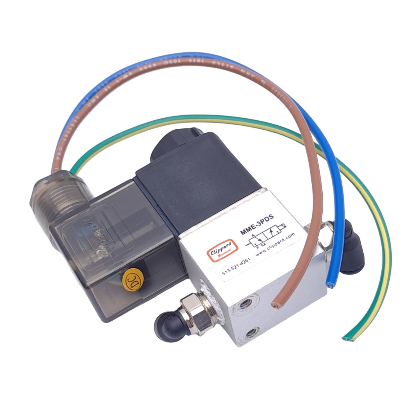 Used Clippard MME-3PDS-D024 Solenoid Valve, Direct Acting 3-Way, 1/8 NPT, 24V, 8 bar