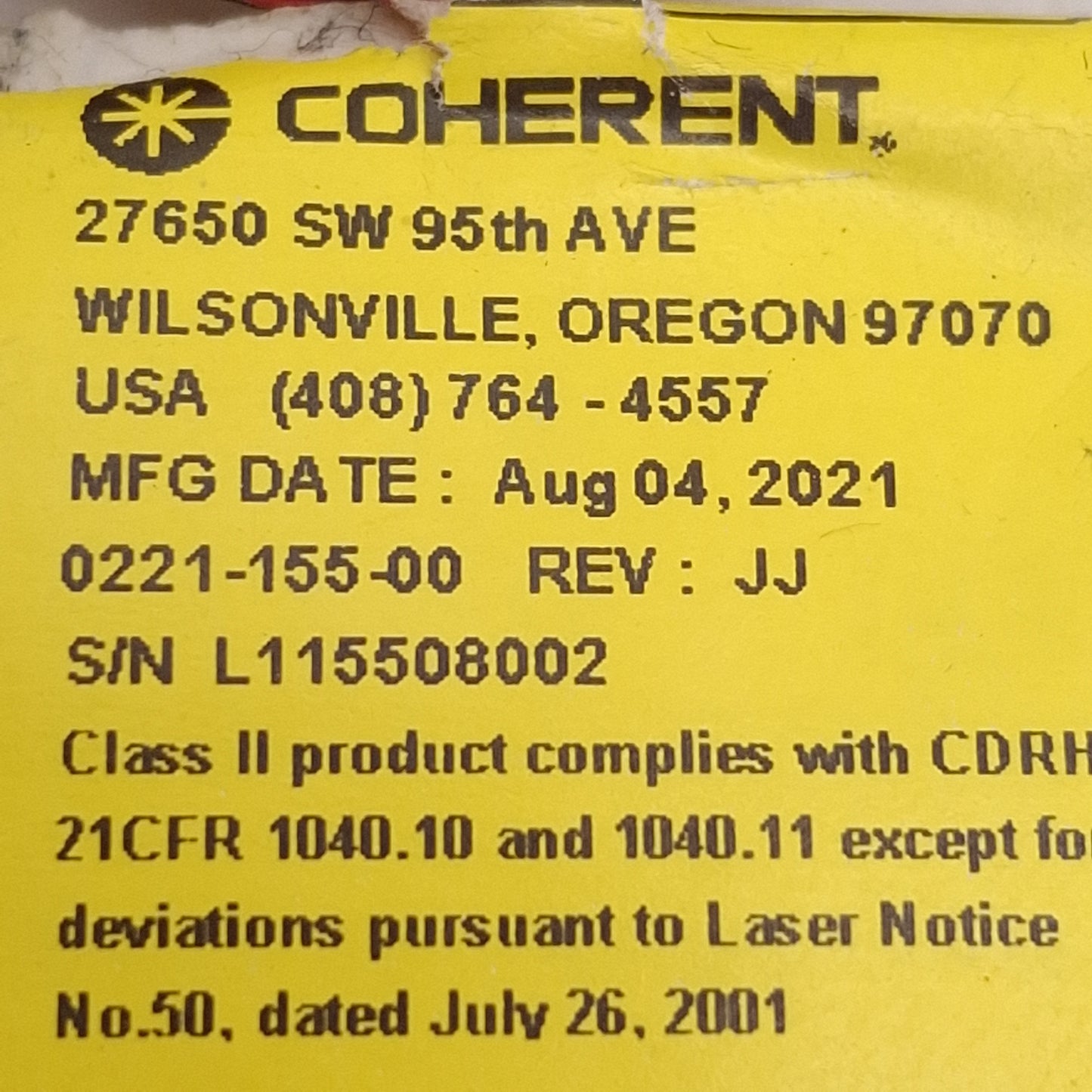 Used Coherent 0221-155-00 Micro VLM Laser Diode, 670nm Red, Class II, 1.6mW, 3-6VDC