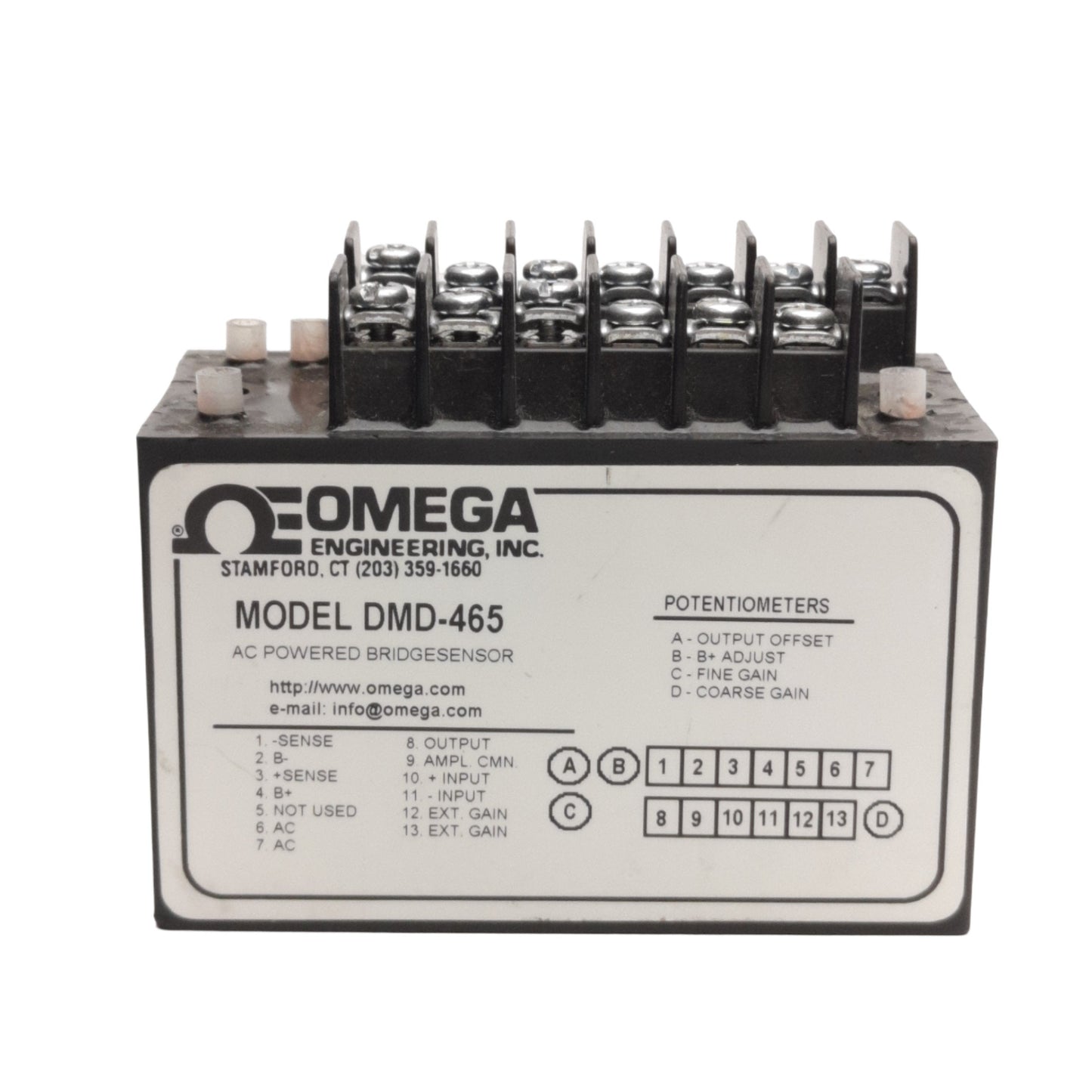Used Omega Engineering DMD-465 Strain Amp/Conditioner 10-50mV Input, 110VAC Output