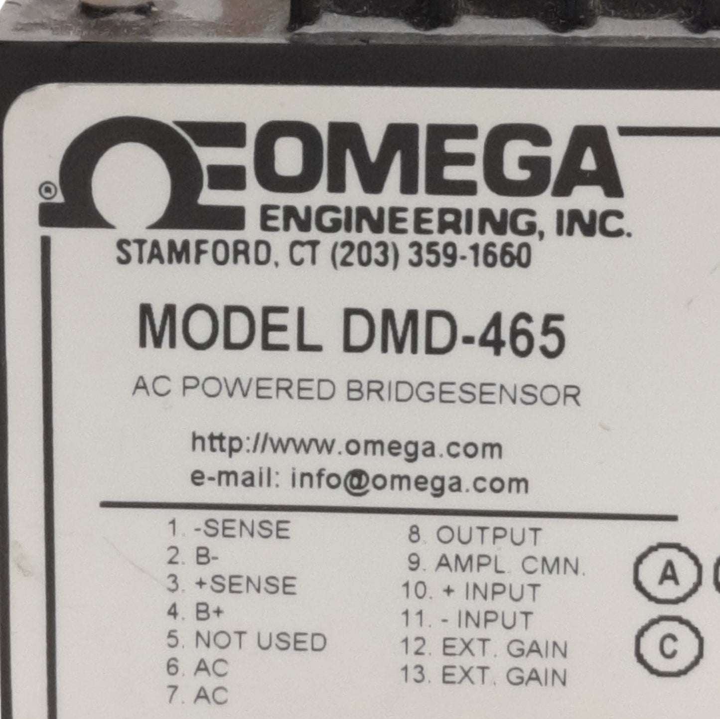 Used Omega Engineering DMD-465 Strain Amp/Conditioner 10-50mV Input, 110VAC Output