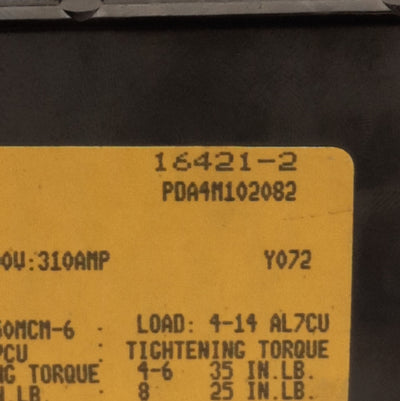 Used Cooper Bussman 16421-2 Power Distribution Block, 2-Pole, 1x6, 600V 310A