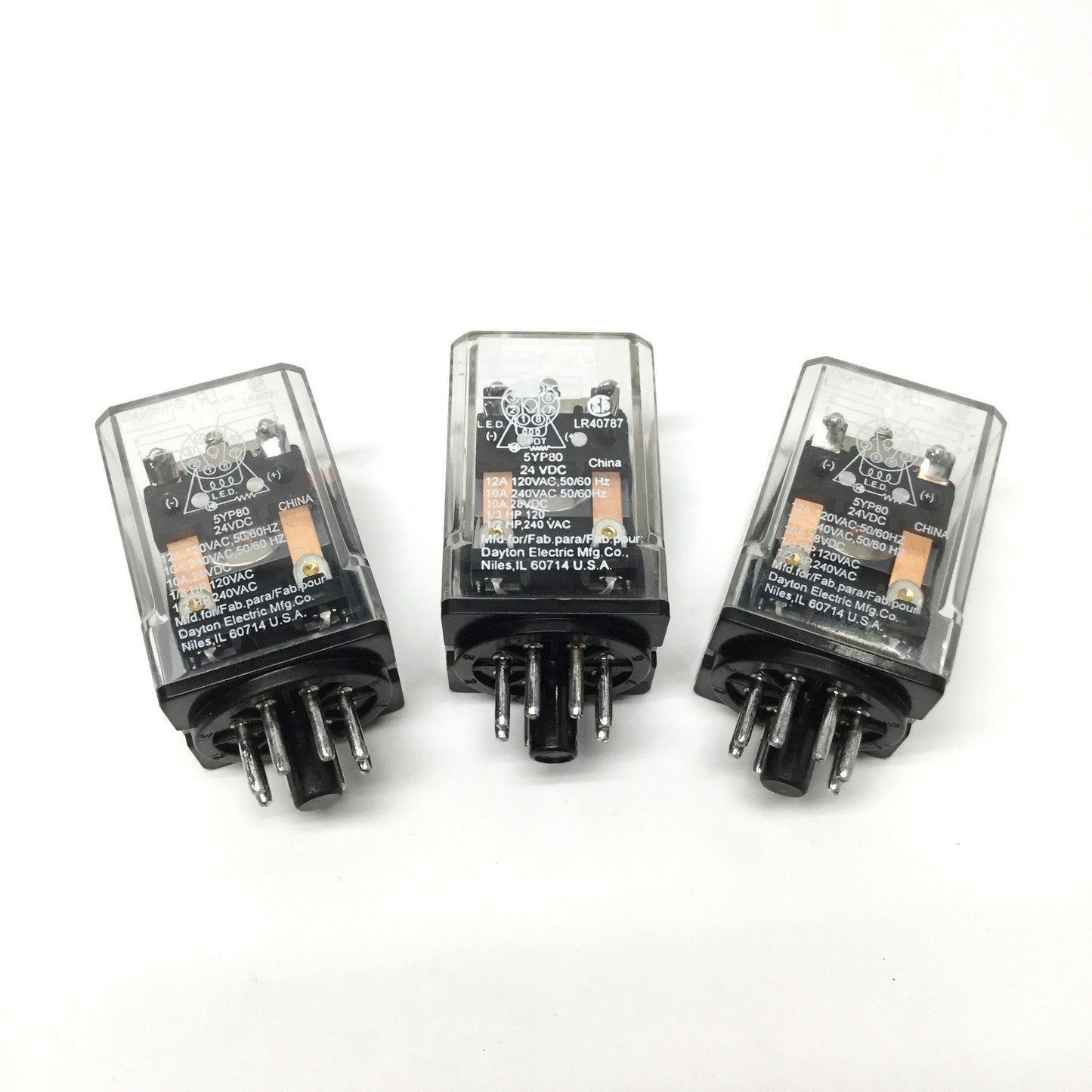 Used Lot of 3 Dayton 5YP80 Control Relays, 24VDC Coil, 10A 240VAC, DPDT, 8-Pin Octal