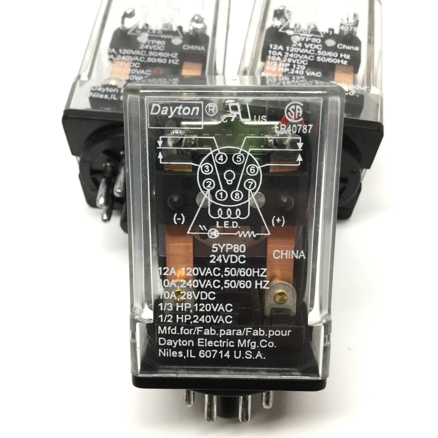 Used Lot of 3 Dayton 5YP80 Control Relays, 24VDC Coil, 10A 240VAC, DPDT, 8-Pin Octal