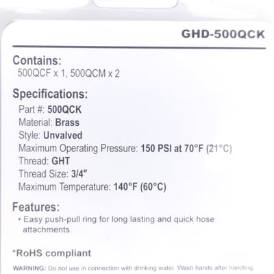 New Lot of 3 Dixon GHD-500QCK Hose Fitting 3/4in Male GHT x 3/4in Female GHT, 150PSI