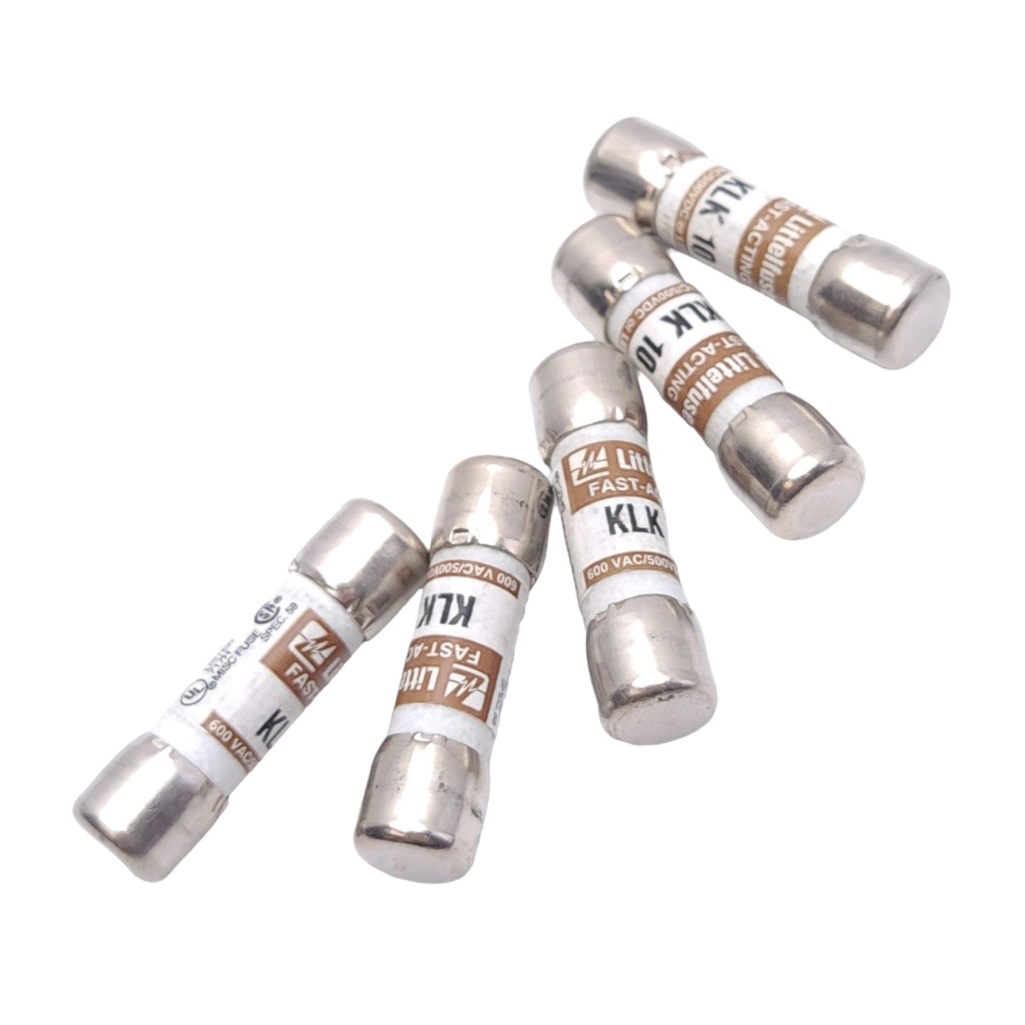 New Lot of 5 Littelfuse KLK-10 Fast Acting Midget Fuses, 600VAC/500VDC, 10A, 38x10mm