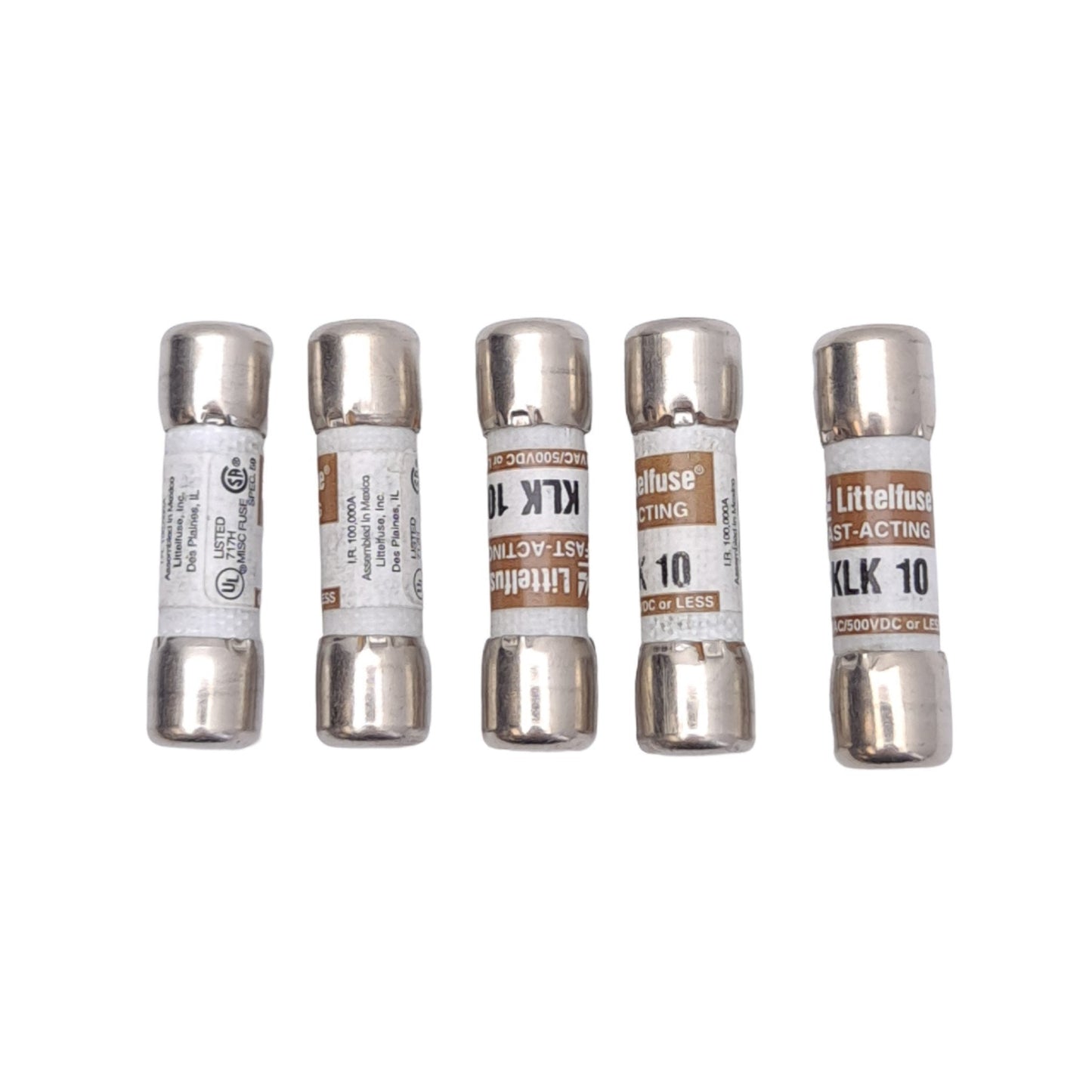 New Lot of 5 Littelfuse KLK-10 Fast Acting Midget Fuses, 600VAC/500VDC, 10A, 38x10mm