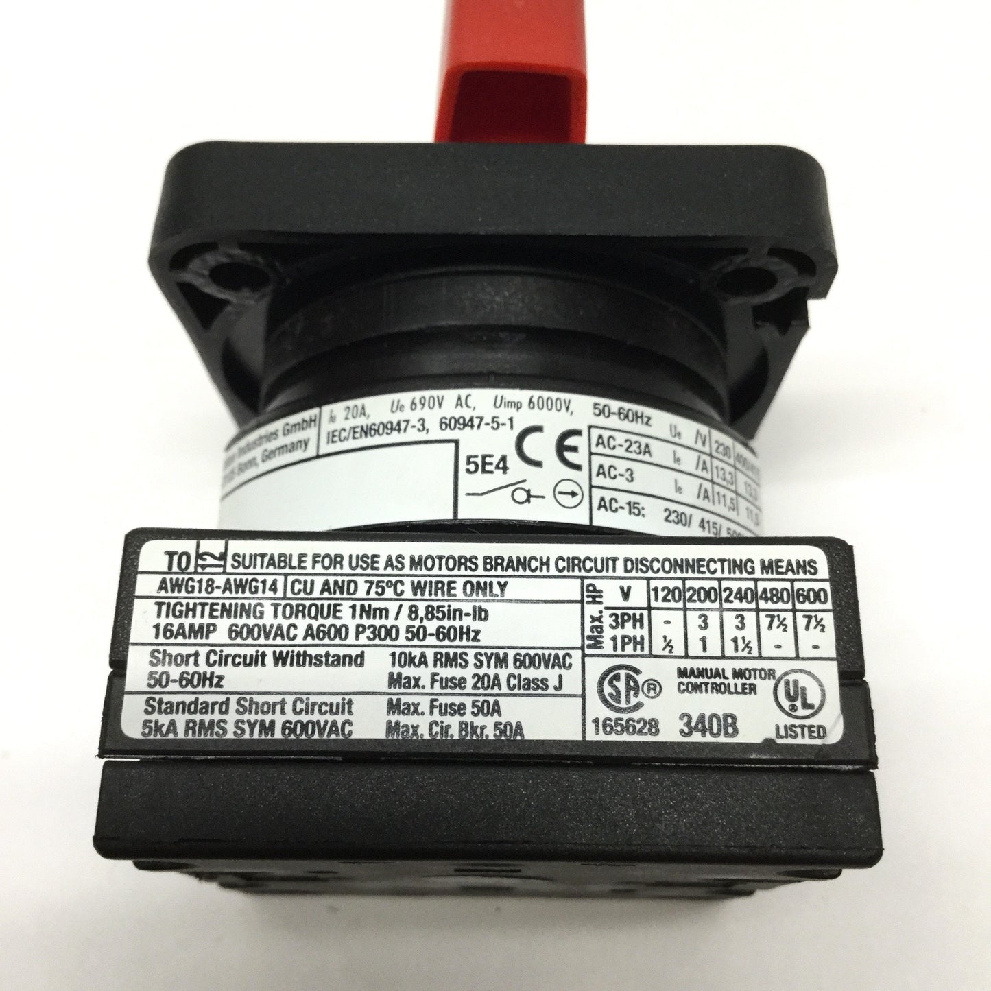 Used Moeller T0-2-1 Main Power ON-OFF Disconnect Switch, 3-Pole, 600VAC 20A