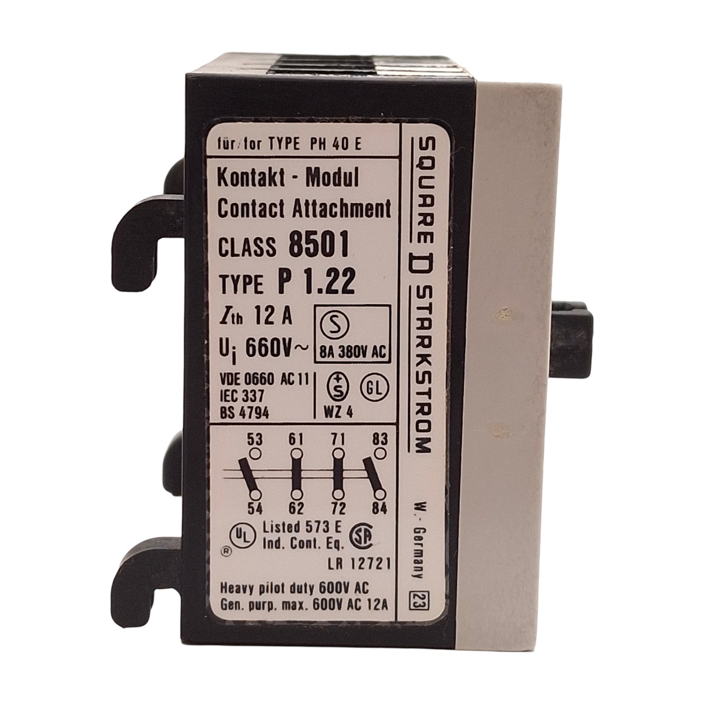 Used Square D 8501 PH 62 E Auxiliary Contact Block, 4-Pole, 2NC + 2NO, 600VAC 12A