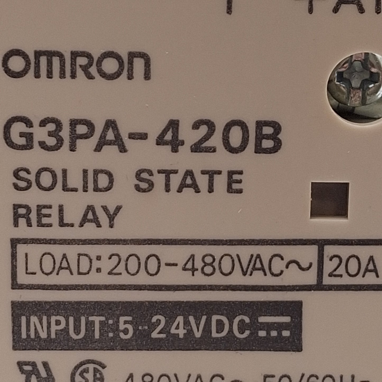 Used Omron G3PA-420B-VD-2 Solid State Relay, 200-480VAC 20A Load, 5-24VDC Input