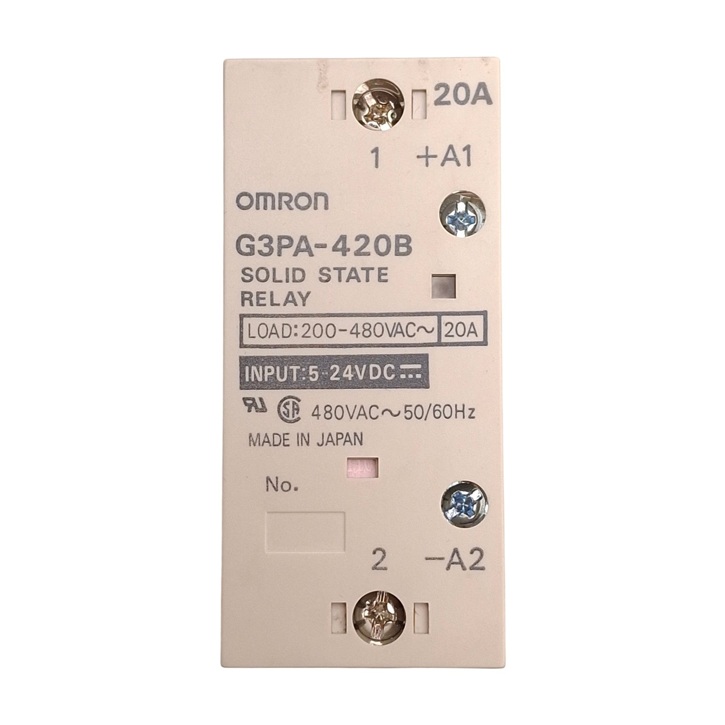 Used Omron G3PA-420B-VD-2 Solid State Relay, 200-480VAC 20A Load, 5-24VDC Input