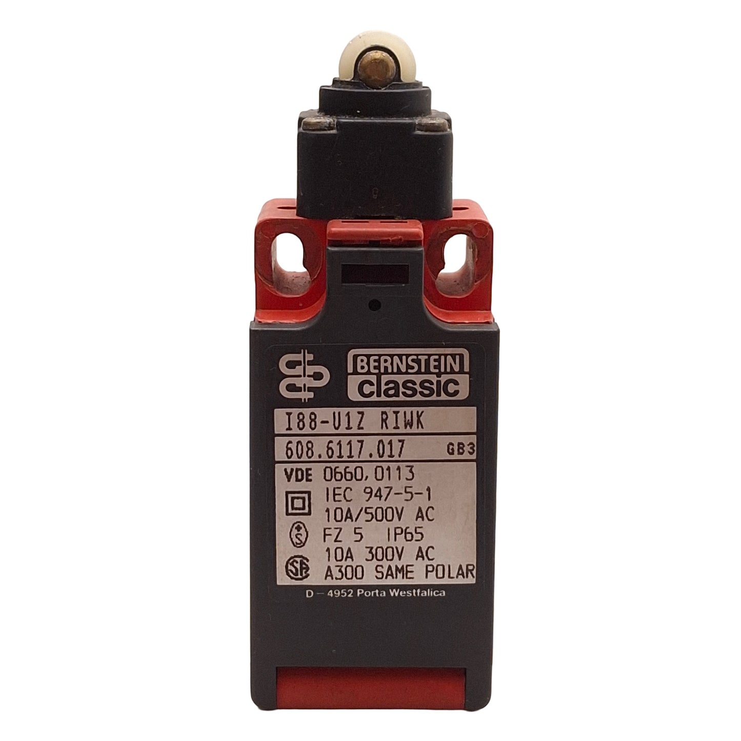 Used Bernstein I88-U1Z RIWK Roller Plunger Limit Switch, 10A 300VAC, 1NO + 1NC