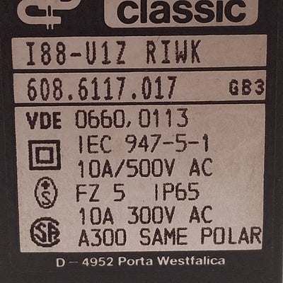 Used Bernstein I88-U1Z RIWK Roller Plunger Limit Switch, 10A 300VAC, 1NO + 1NC