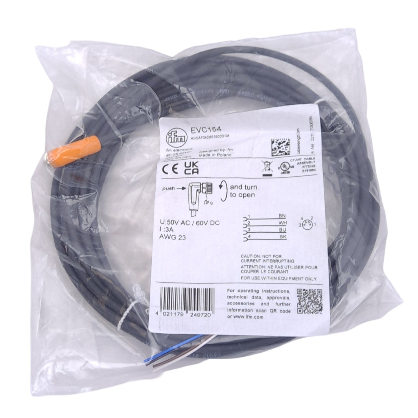 New IFM EVC154 Cordset, M8 4-Pin 90° Female to Flying Leads, 50VDC/60VAC, 3A, 5m