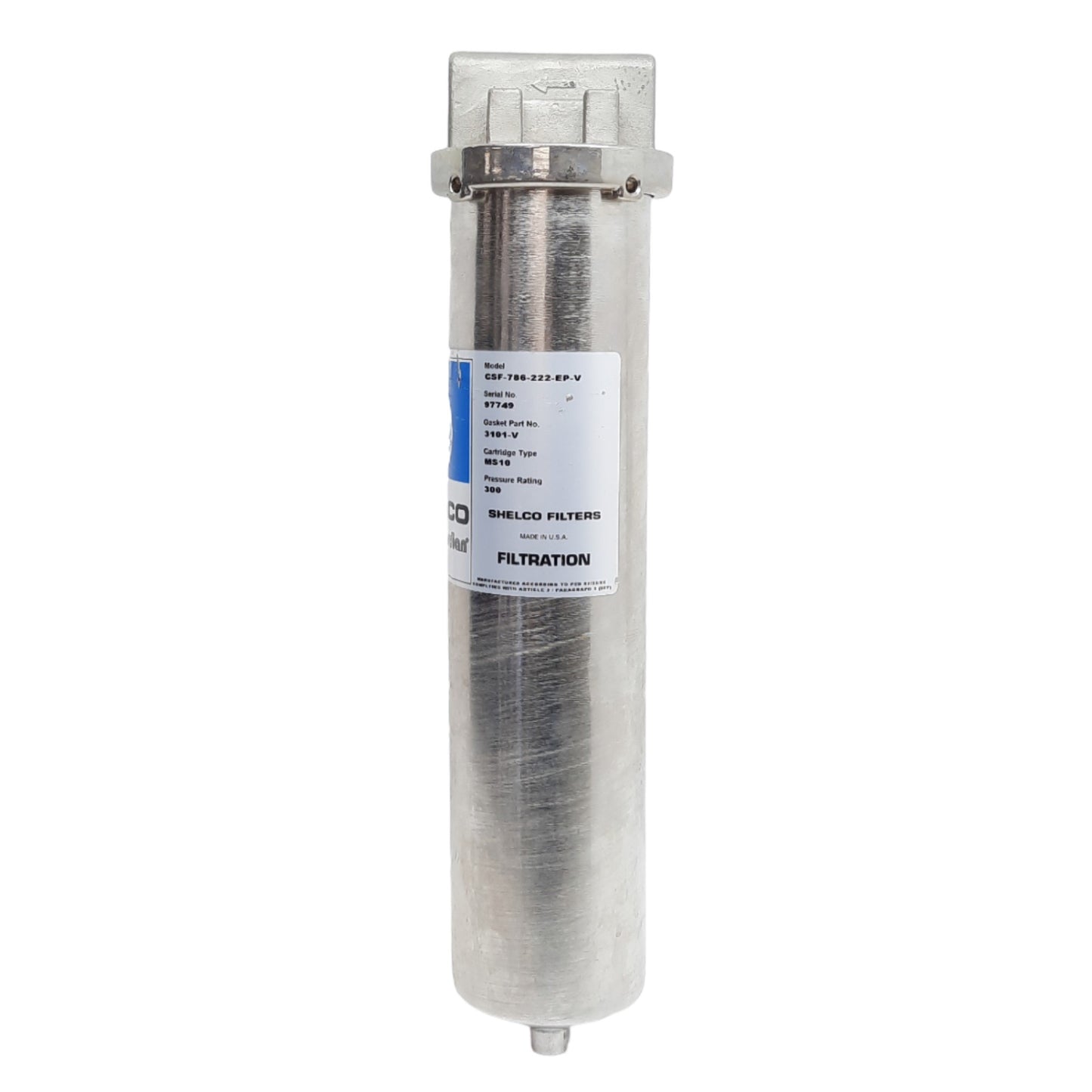 Used Shelco CSF-786-222-EP-V Filter Housing, 10in Length, 3/4in NPT, 300psig Max