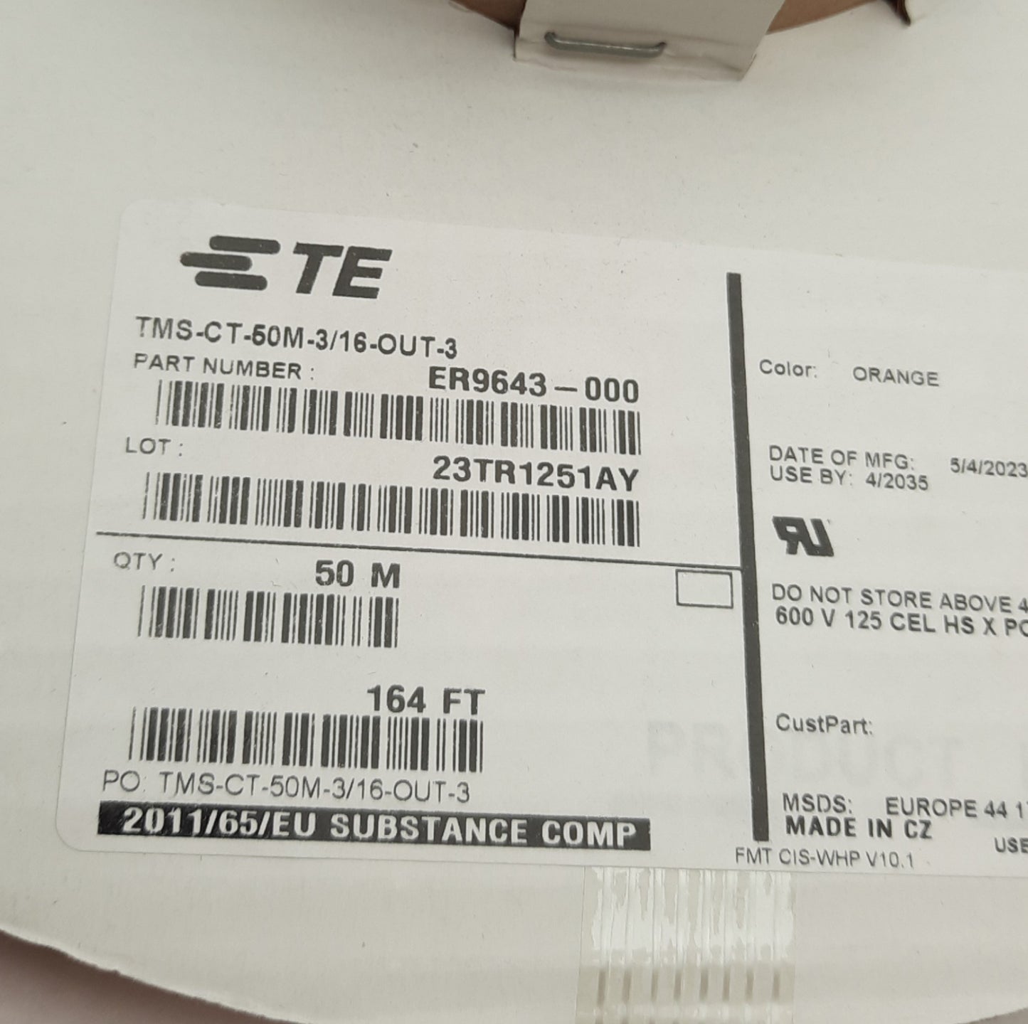 New TE Connectivity TMS-CT-50M-3/16-OUT-3 Shrink Tubing, 3:1, 3/16in ID, 50m Length