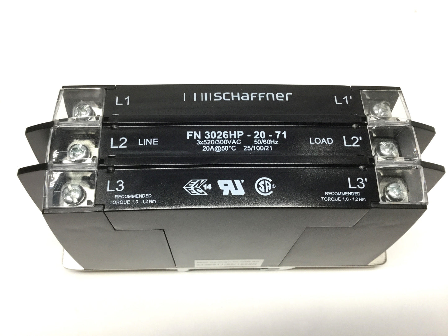 Used Schaffner FN3026HP-20-71 Power Line EMC Filter, 3-Phase, 520/300VAC 50/60Hz 20A