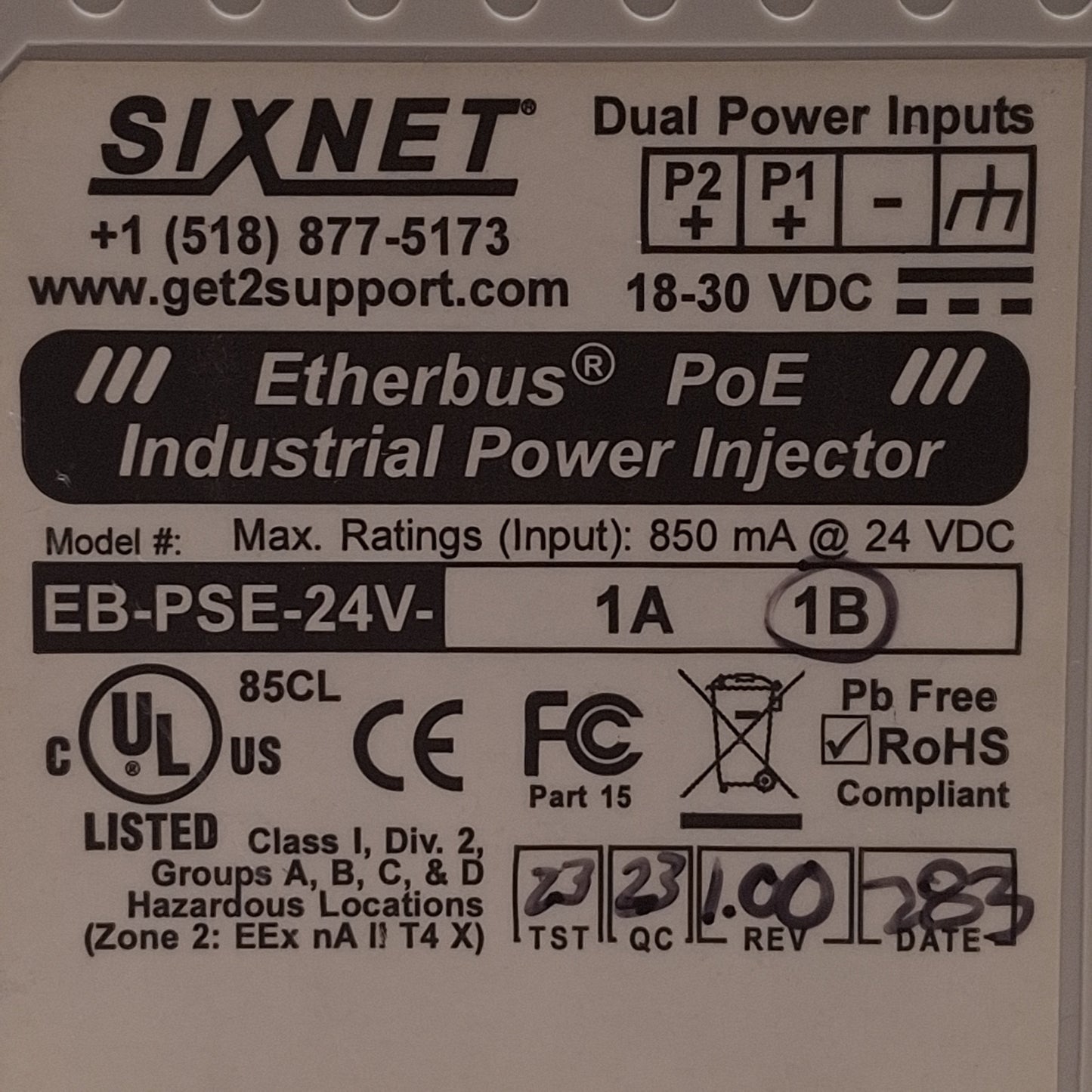 Used Sixnet EB-PSE-24V-1B PoE Power Over Ethernet Injector 10/100Base, RJ45, 24VDC