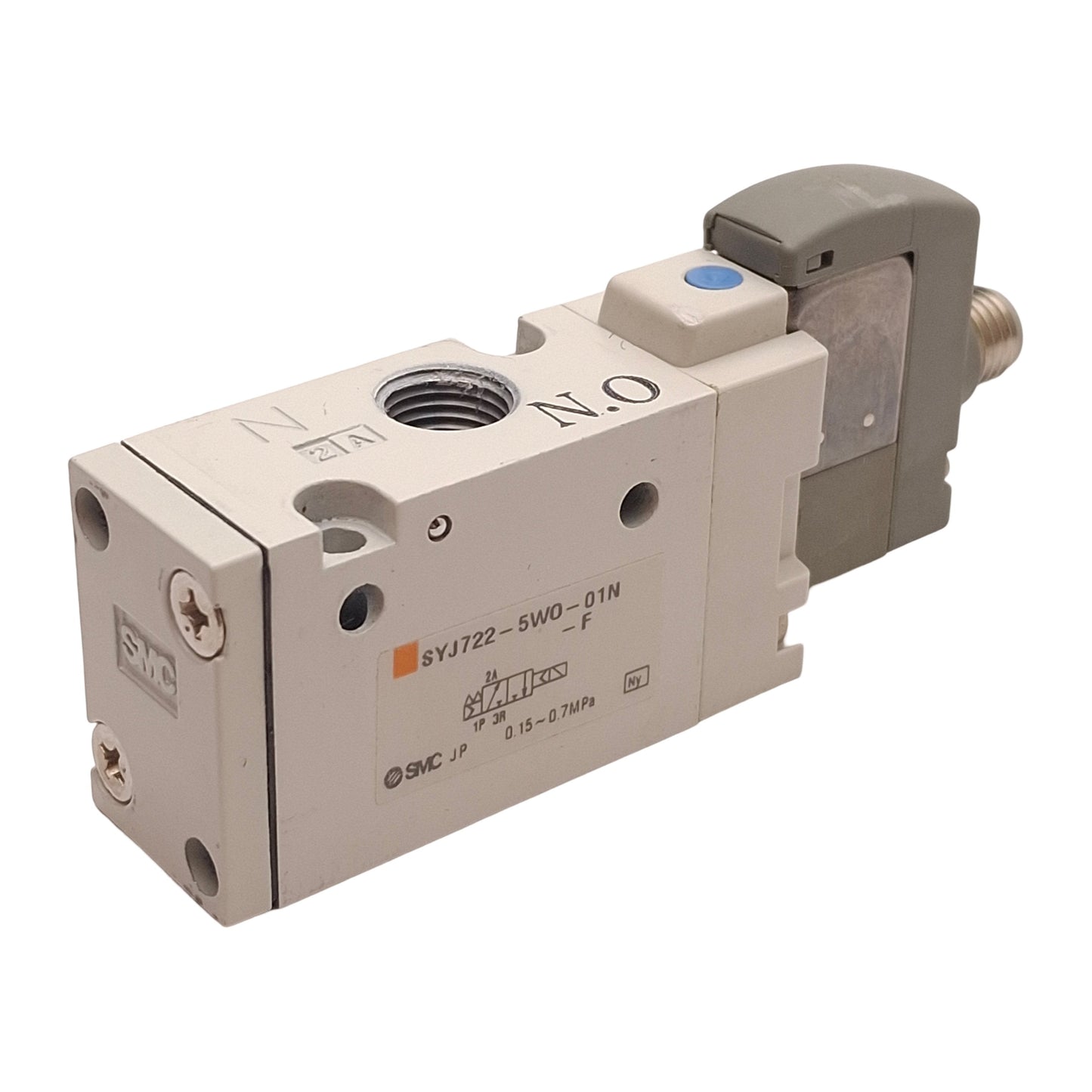 Used SMC SYJ722-5WO-01N-F Solenoid Valve, 0.15-0.7MPa, 1/8NPT, M8 3-Pin, 24VDC Coil