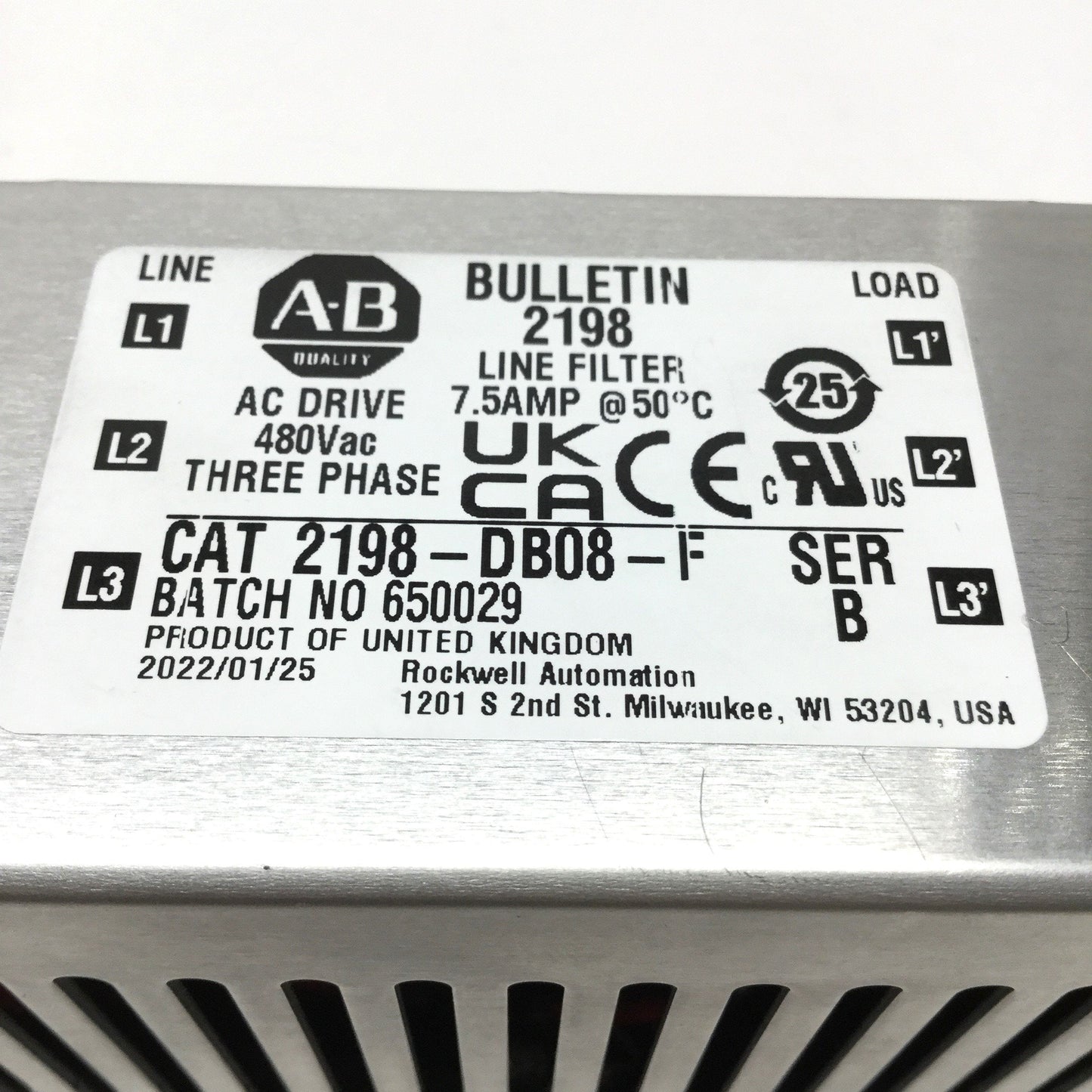 Used Allen Bradley 2198-DB08-F Kinetix 5500 Three-Phase Line Filter, 480VAC 7.5A