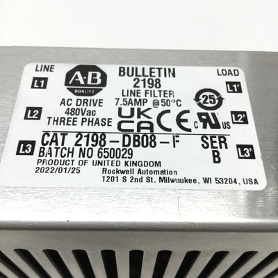 Used Allen Bradley 2198-DB08-F Kinetix 5500 Three-Phase Line Filter, 480VAC 7.5A