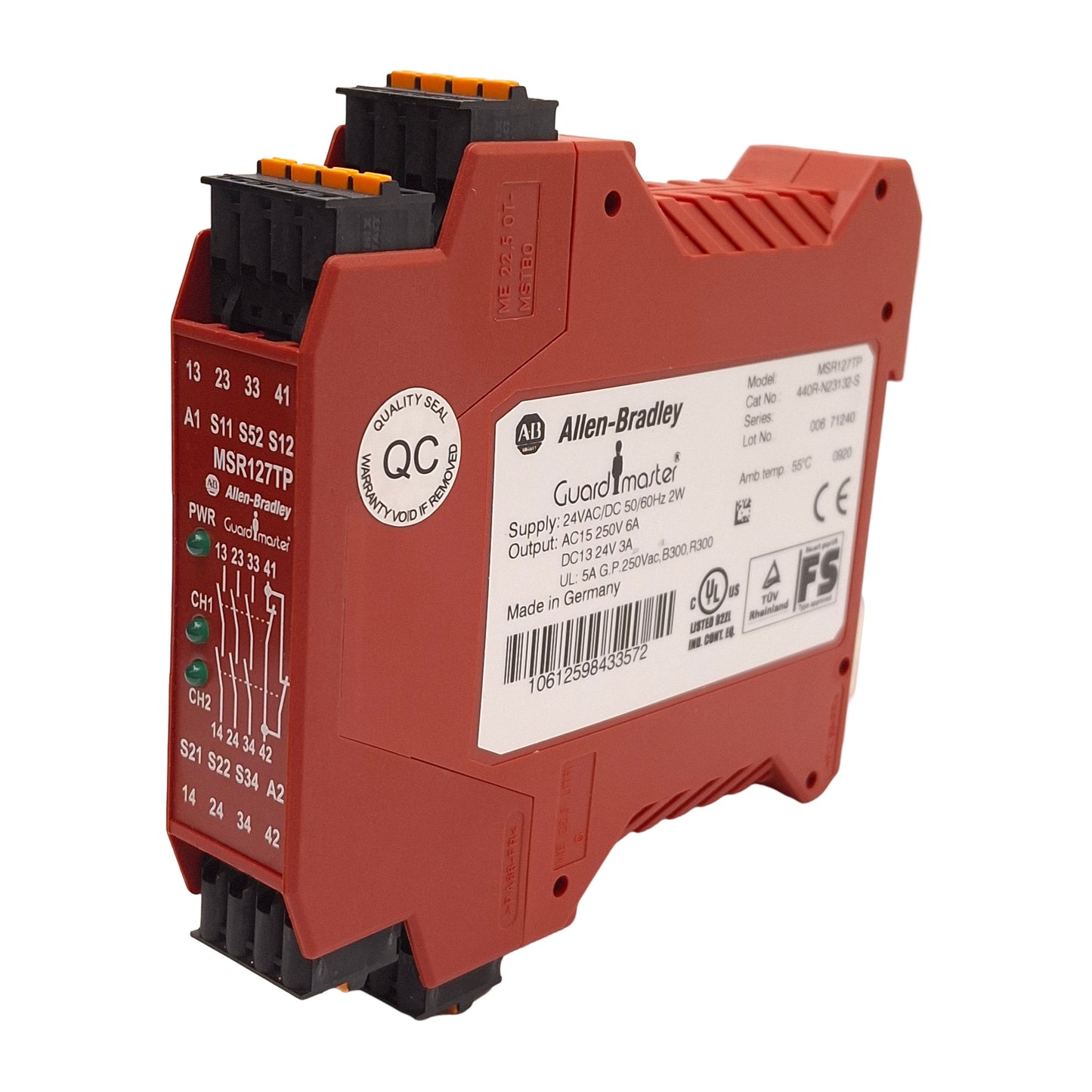 Used Allen Bradley 440R-N23132-S Guardmaster Safety Relay, 3NO + 1NC Aux, 24VAC/DC