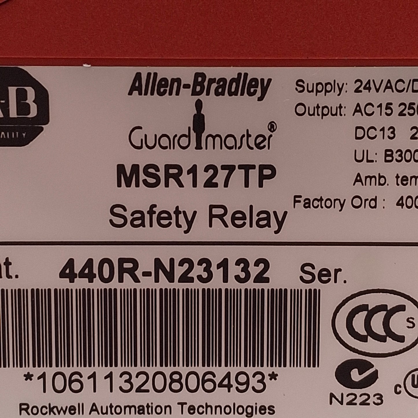 Used Allen Bradley 440R-N23132 Guardmaster Safety Relay, 3NO + 1NC Aux, 24VAC/DC