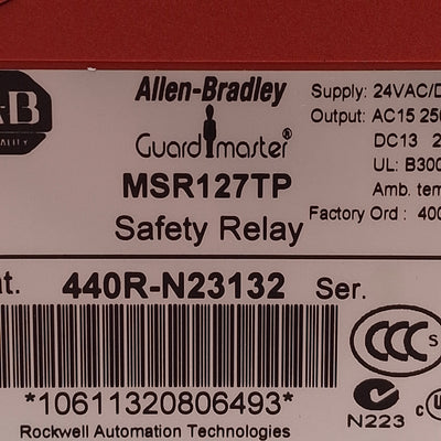Used Allen Bradley 440R-N23132 Guardmaster Safety Relay, 3NO + 1NC Aux, 24VAC/DC